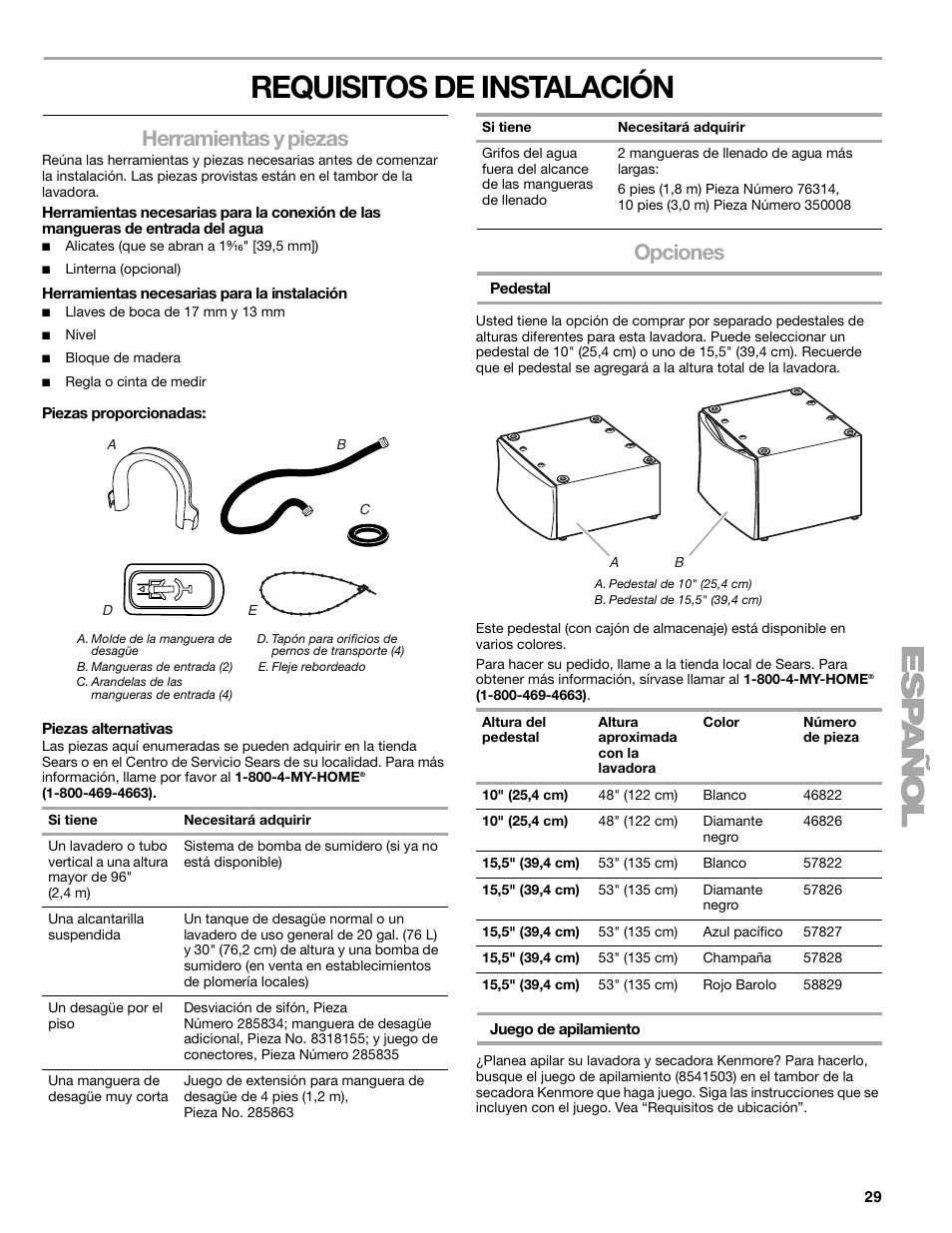 Requisitos de instalación, Herramientas y piezas, Opciones | Sears 110.4778* User Manual | Page 29 / 80