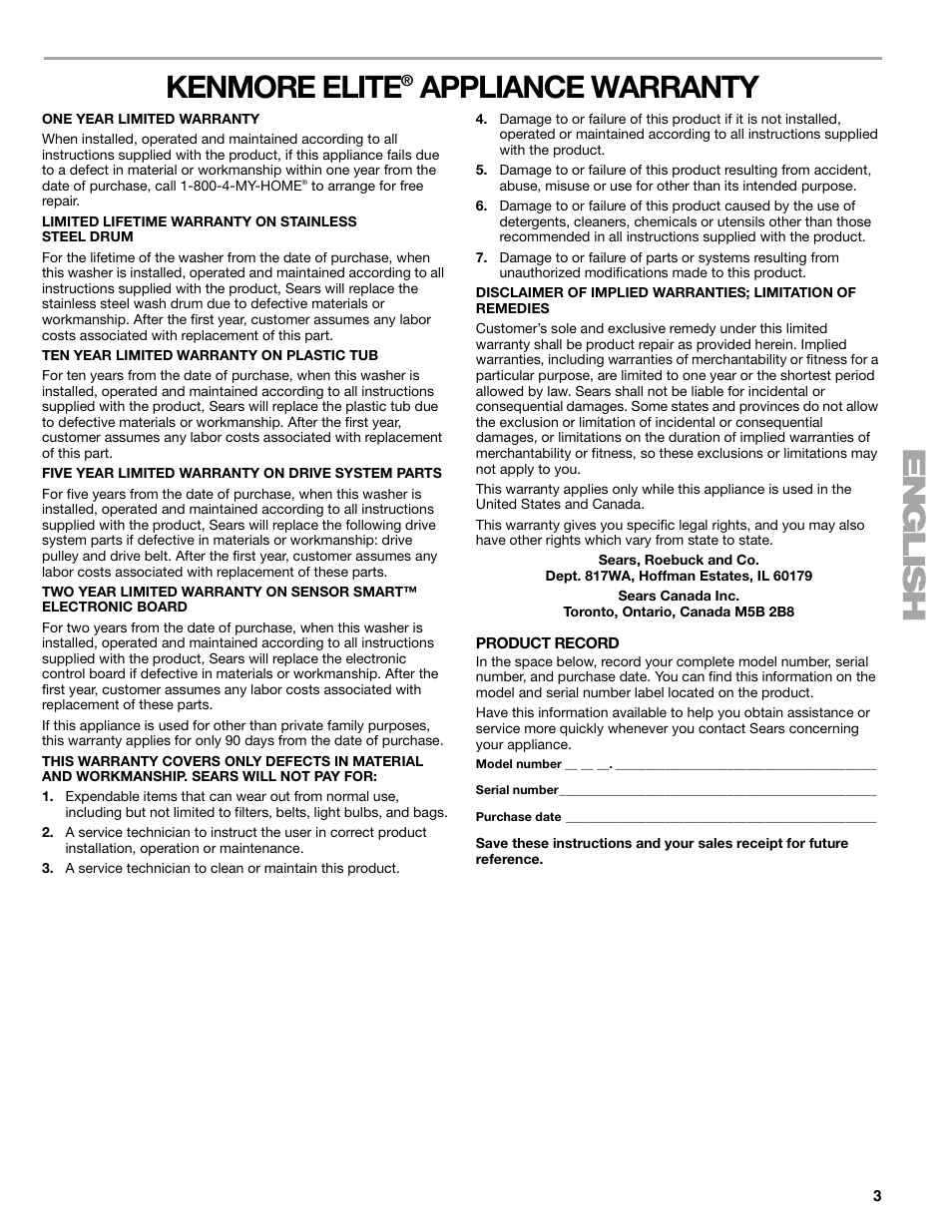 Kenmore elite, Appliance warranty | Sears 110.4778* User Manual | Page 3 / 80