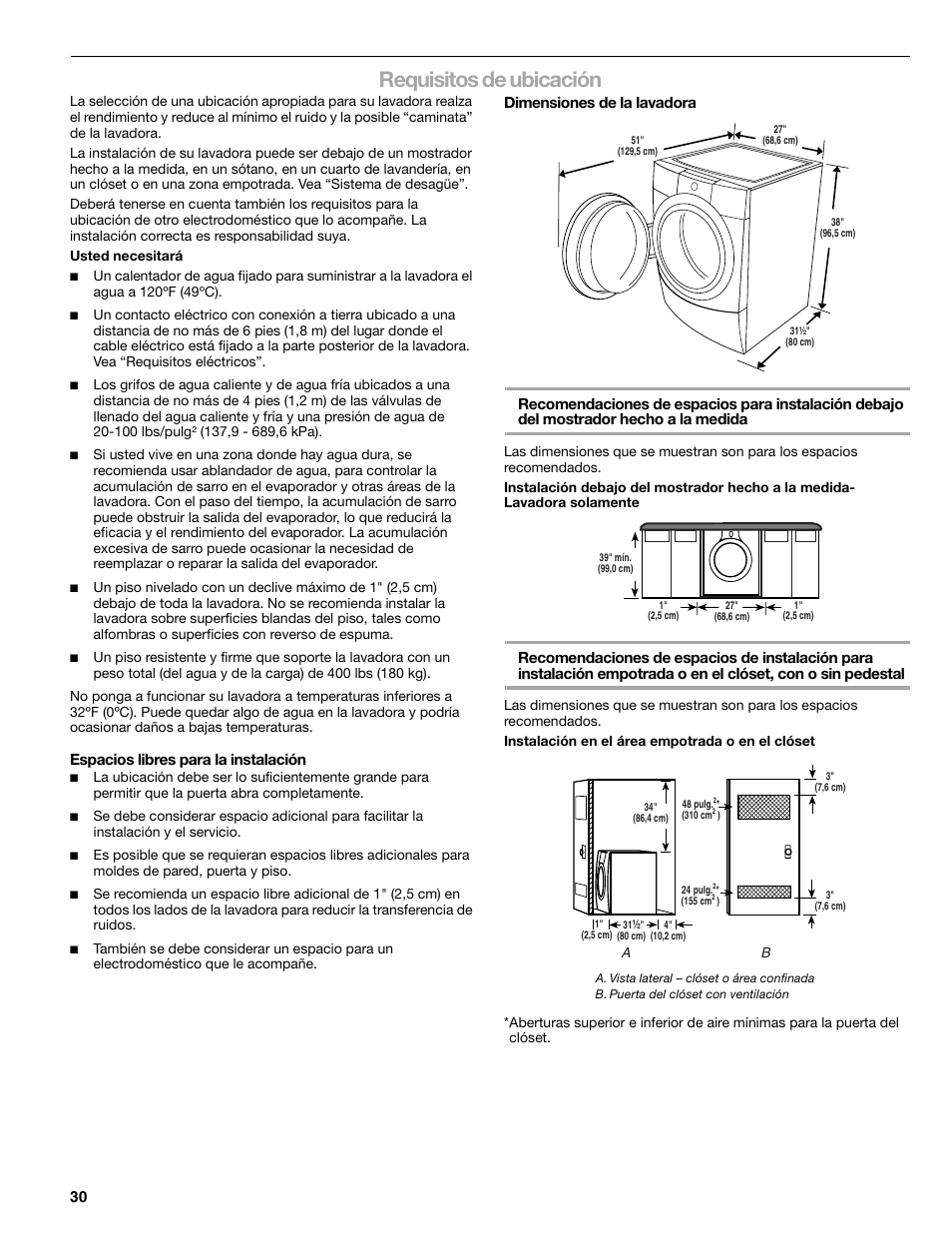 Requisitos de ubicación, Espacios libres para la instalación | Sears 110.4778* User Manual | Page 30 / 80