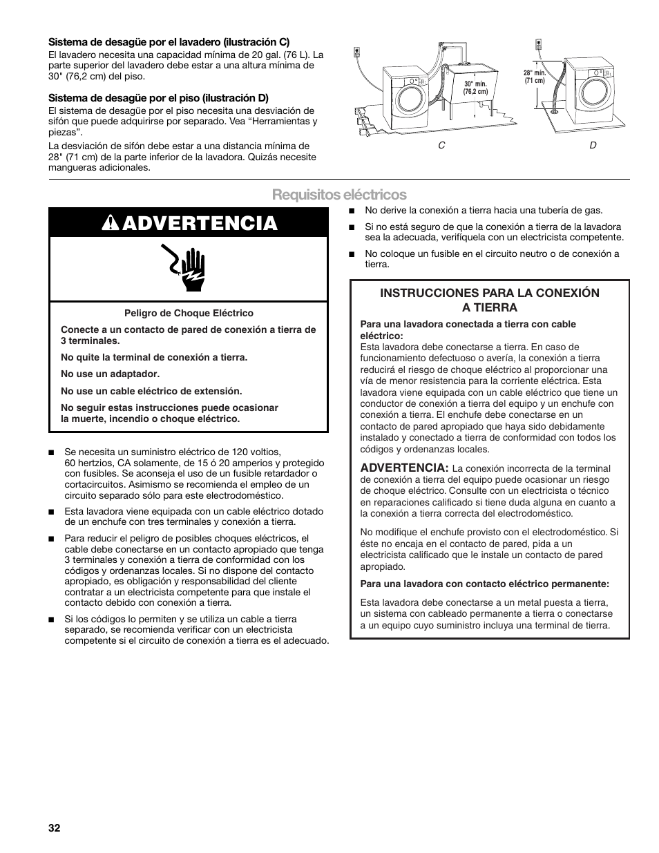Advertencia, Requisitos eléctricos | Sears 110.4778* User Manual | Page 32 / 80