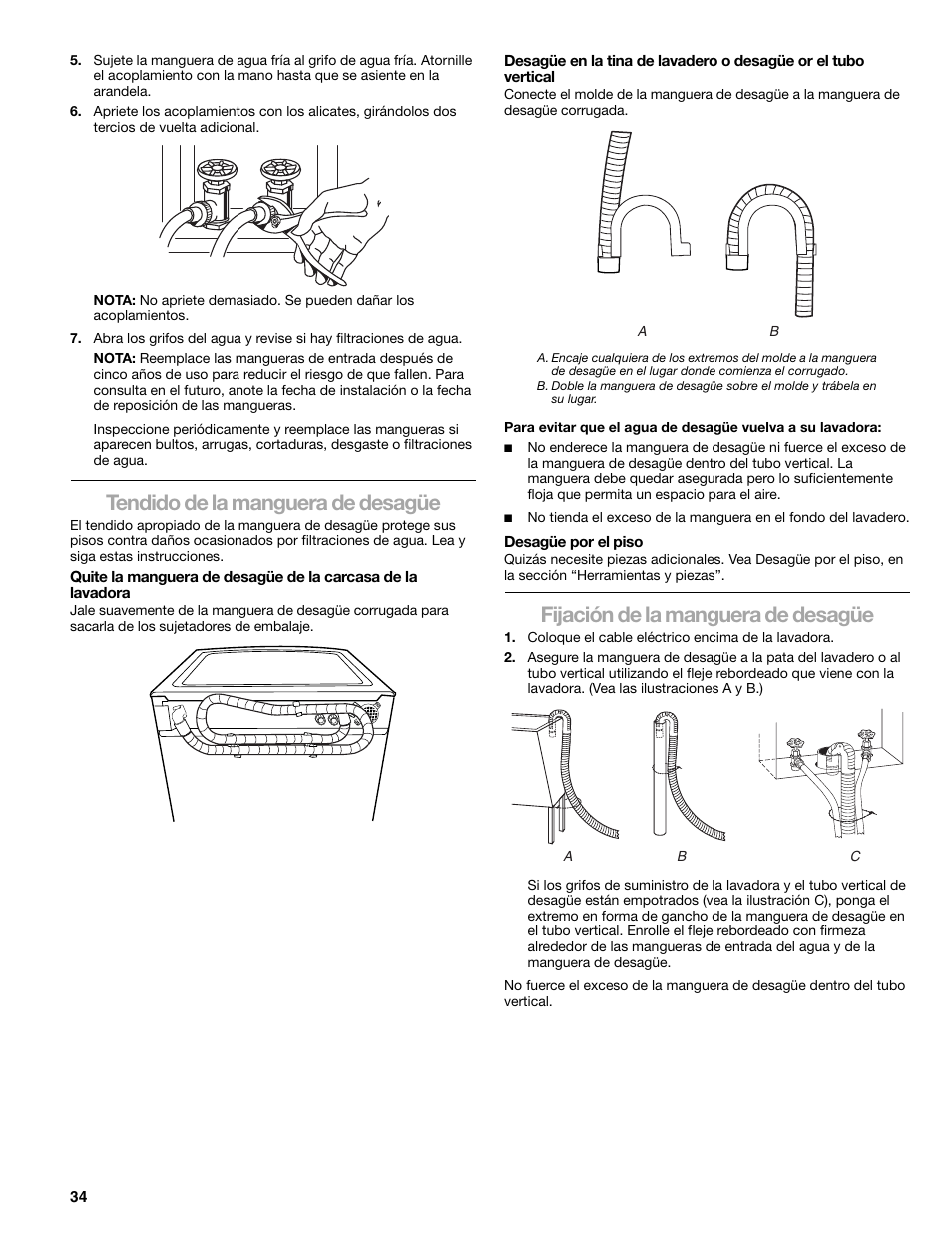 Tendido de la manguera de desagüe, Fijación de la manguera de desagüe | Sears 110.4778* User Manual | Page 34 / 80