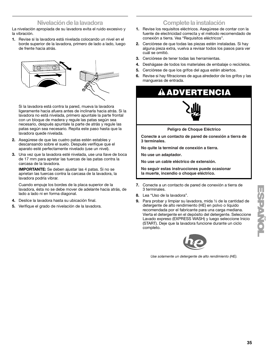 Advertencia, Nivelación de la lavadora, Complete la instalación | Sears 110.4778* User Manual | Page 35 / 80