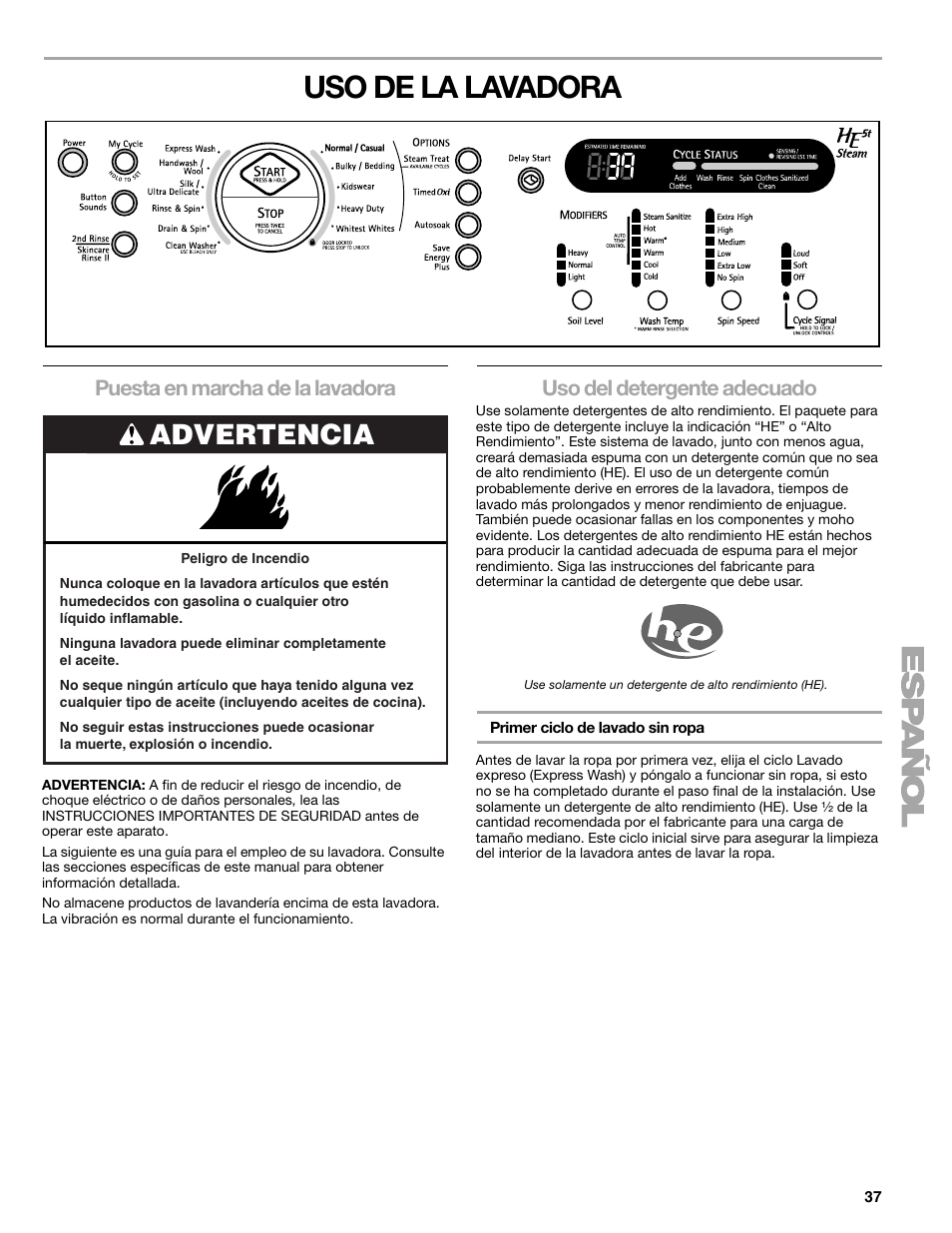 Uso de la lavadora, Advertencia, Puesta en marcha de la lavadora | Uso del detergente adecuado | Sears 110.4778* User Manual | Page 37 / 80