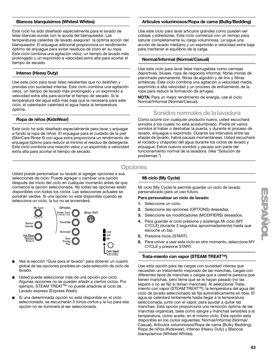 Sonidos normales de la lavadora, Opciones | Sears 110.4778* User Manual | Page 43 / 80