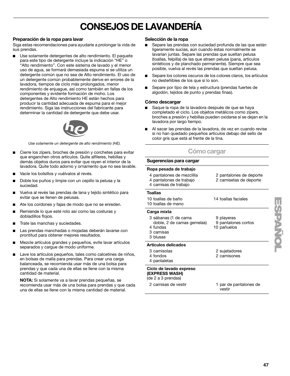 Consejos de lavandería, Cómo cargar | Sears 110.4778* User Manual | Page 47 / 80