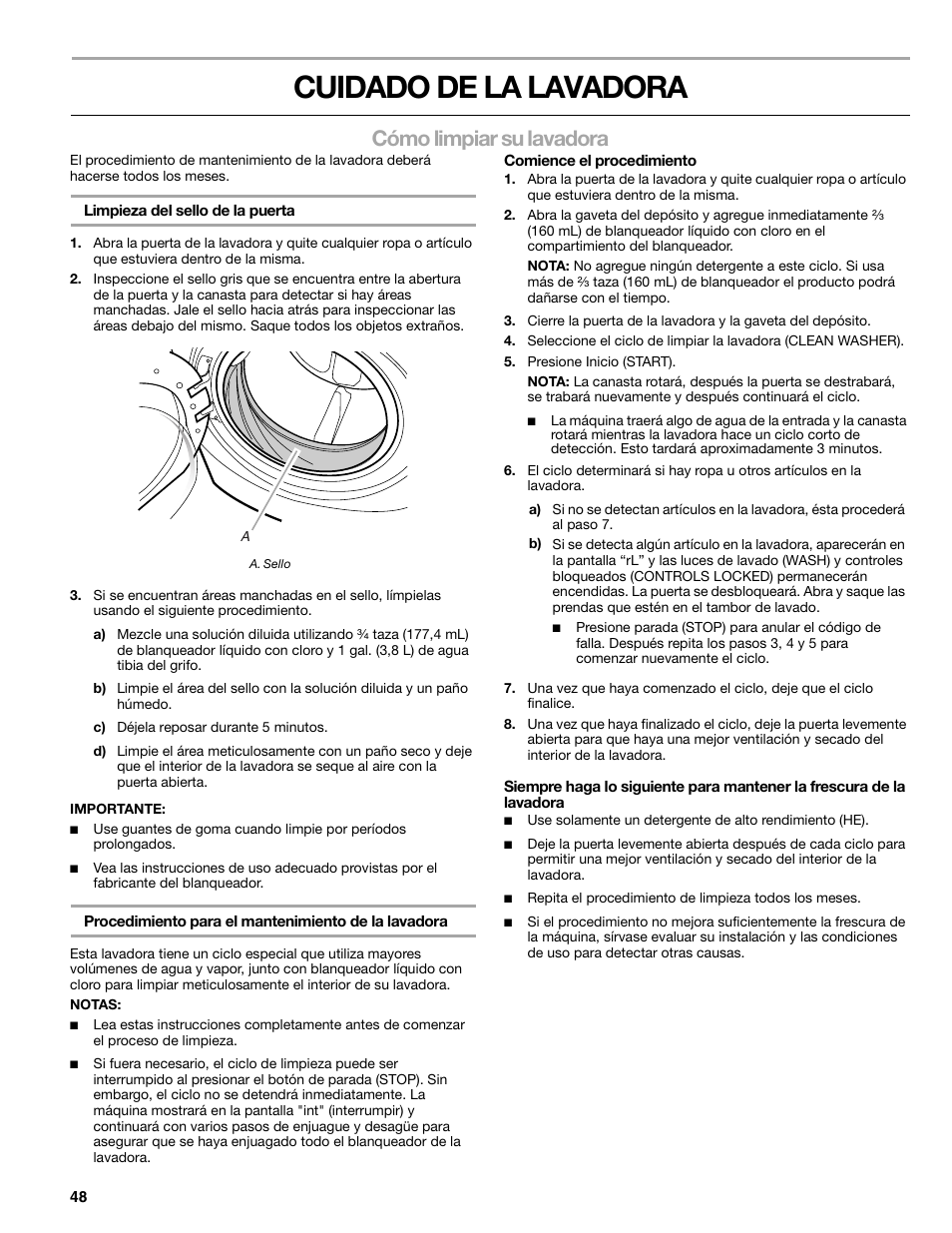 Cuidado de la lavadora, Cómo limpiar su lavadora | Sears 110.4778* User Manual | Page 48 / 80