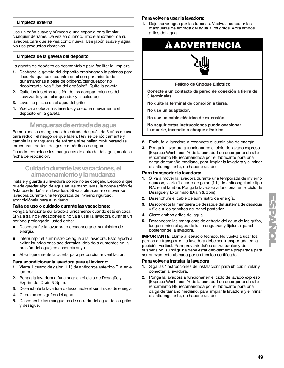 Advertencia, Mangueras de entrada de agua | Sears 110.4778* User Manual | Page 49 / 80