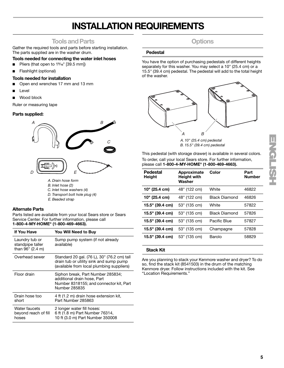 Installation requirements, Tools and parts, Options | Sears 110.4778* User Manual | Page 5 / 80