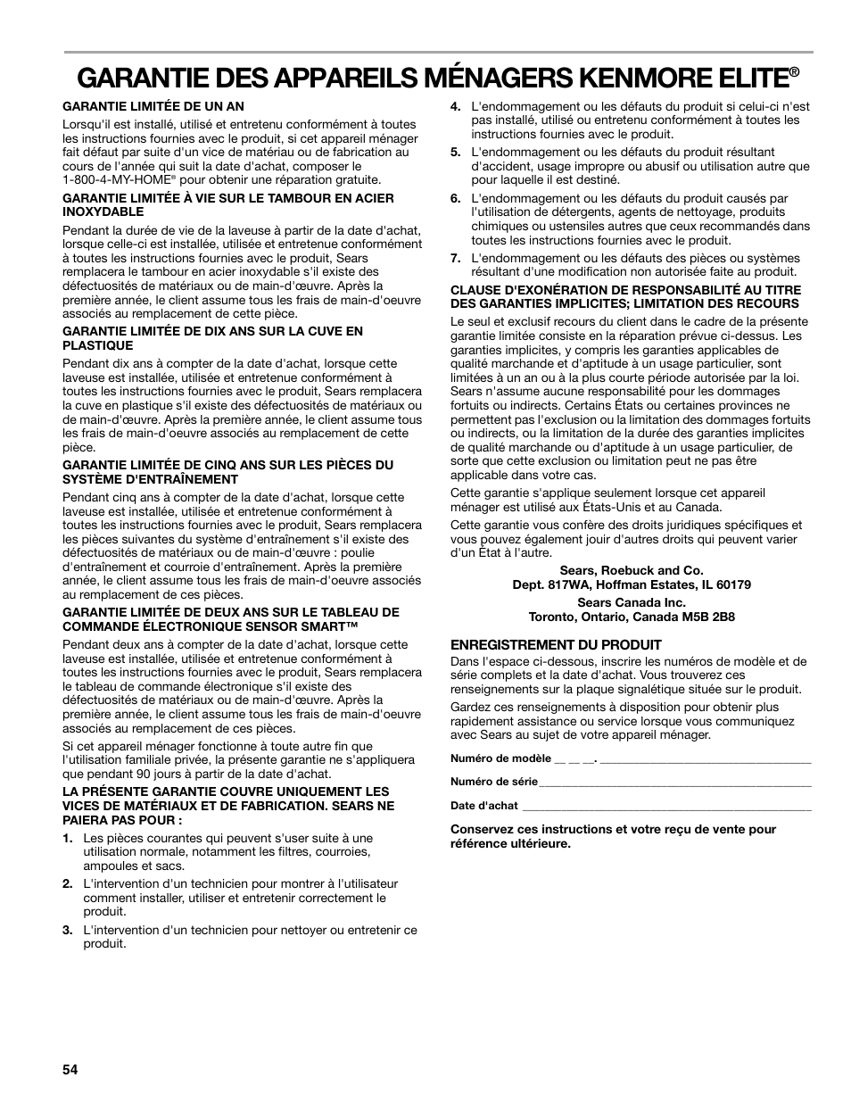 Garantie des appareils ménagers kenmore elite | Sears 110.4778* User Manual | Page 54 / 80