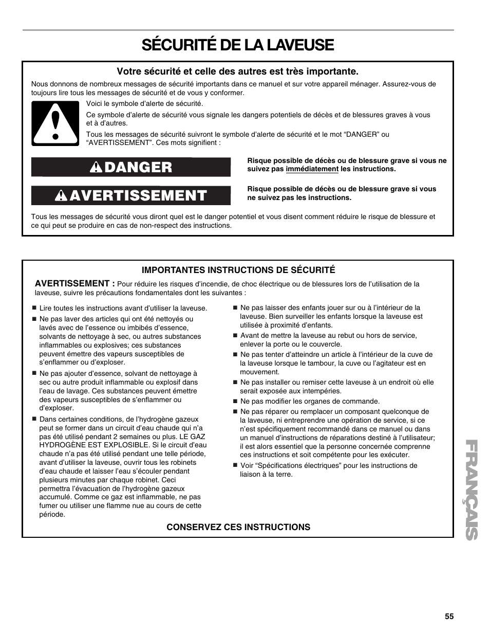 Sécurité de la laveuse, Avertissement danger | Sears 110.4778* User Manual | Page 55 / 80