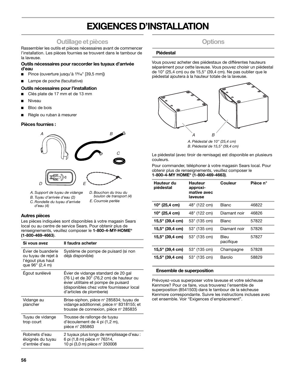 Exigences d’installation, Outillage et pièces, Options | Sears 110.4778* User Manual | Page 56 / 80