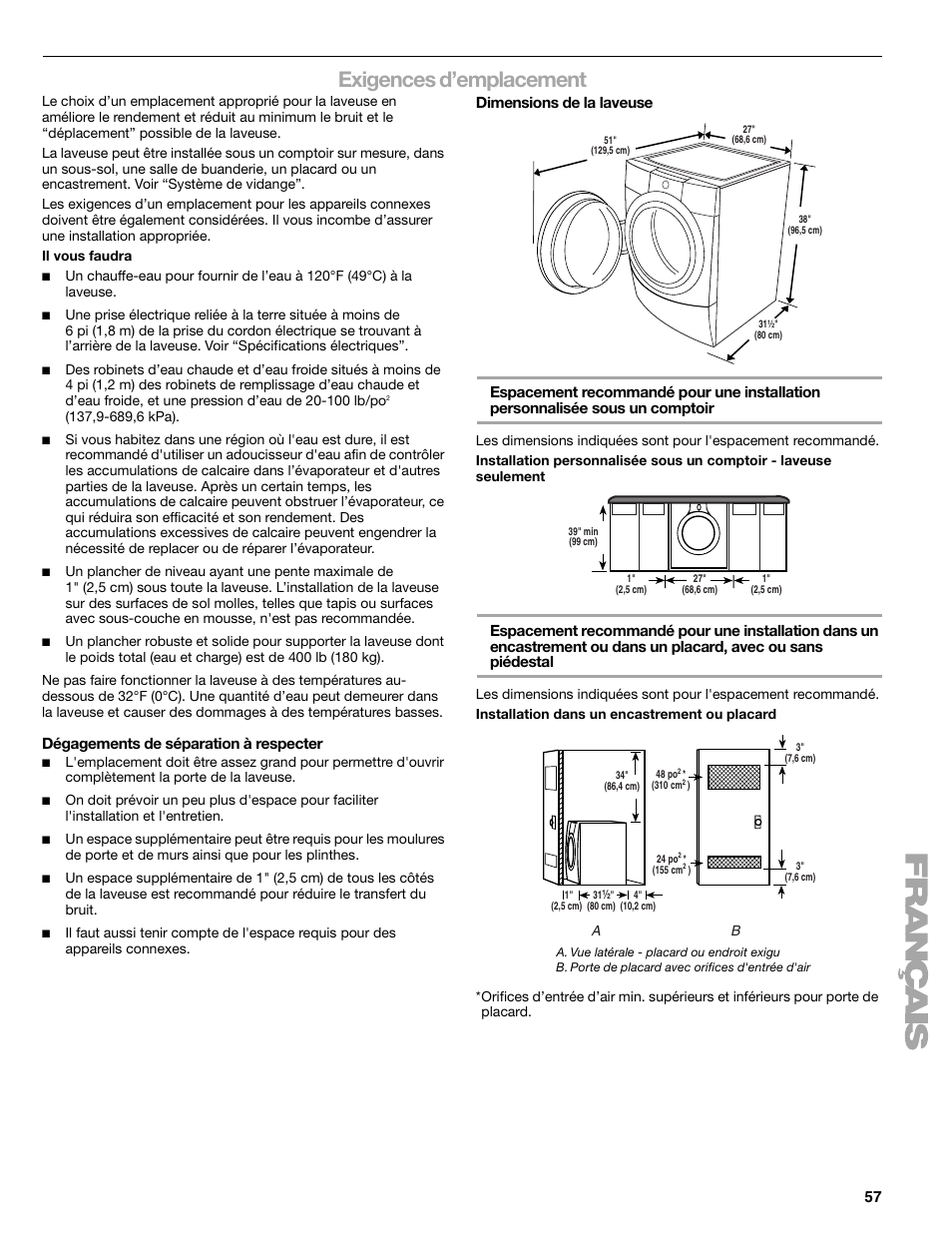 Exigences d’emplacement, Dégagements de séparation à respecter | Sears 110.4778* User Manual | Page 57 / 80