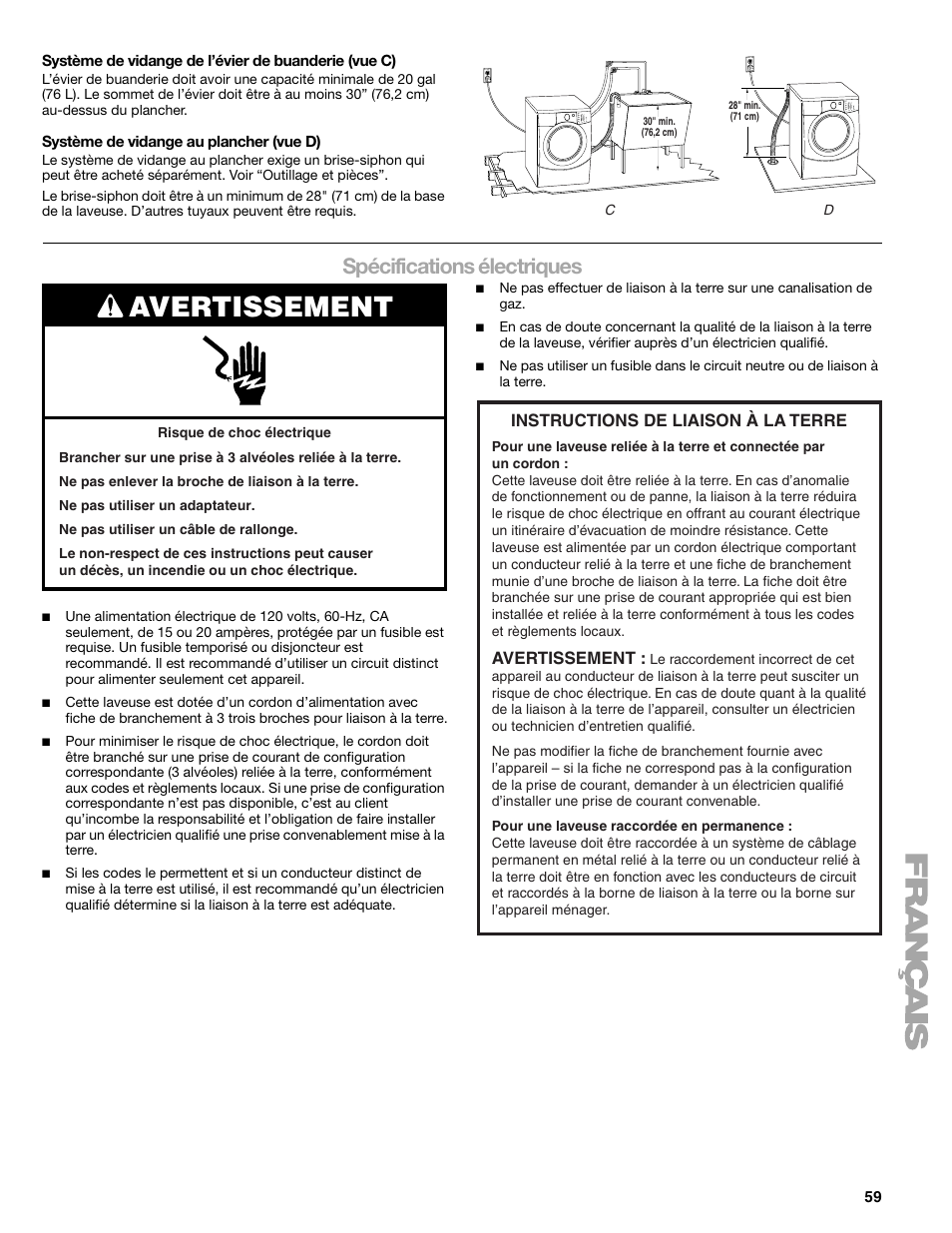 Avertissement, Spécifications électriques | Sears 110.4778* User Manual | Page 59 / 80