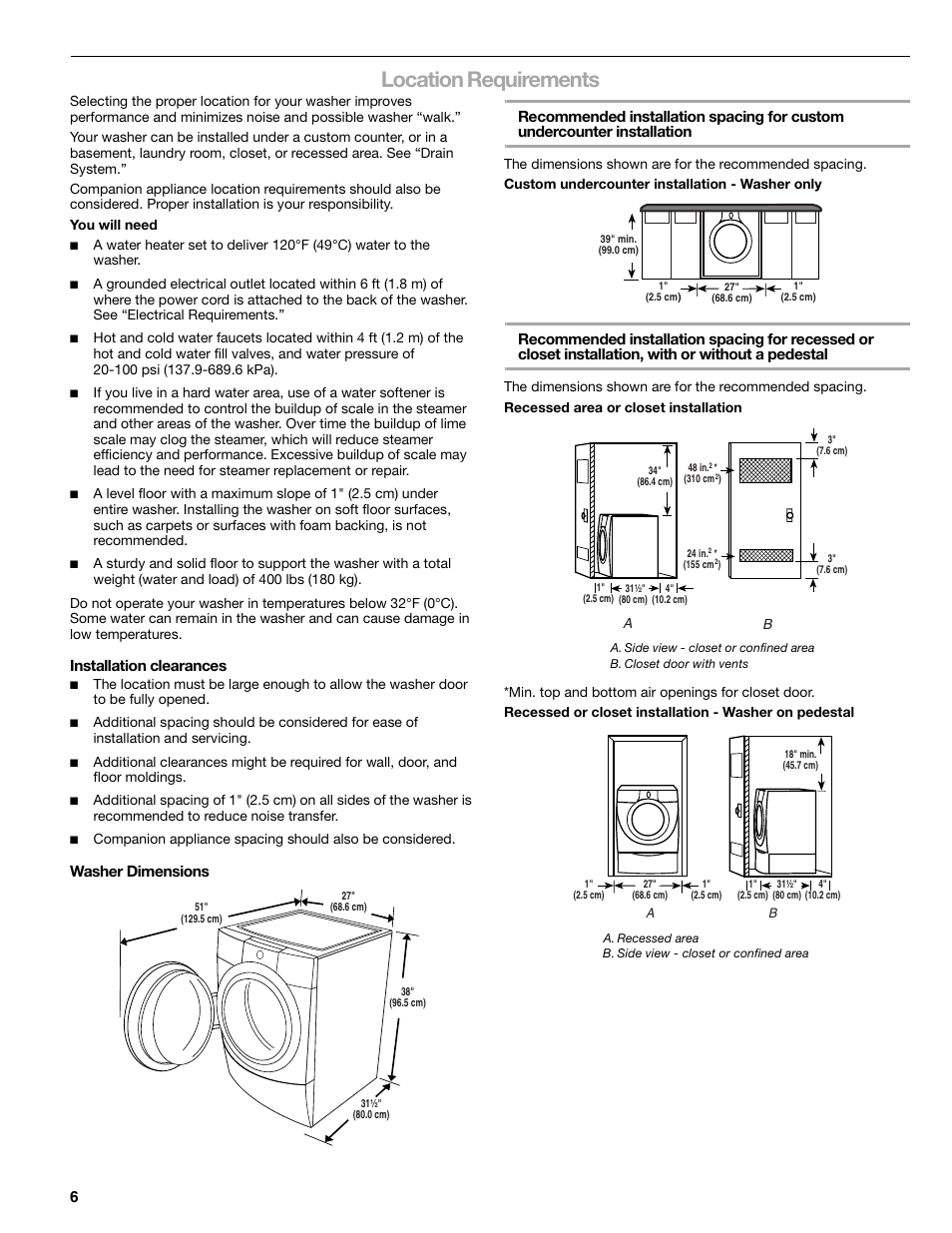 Location requirements, Installation clearances | Sears 110.4778* User Manual | Page 6 / 80