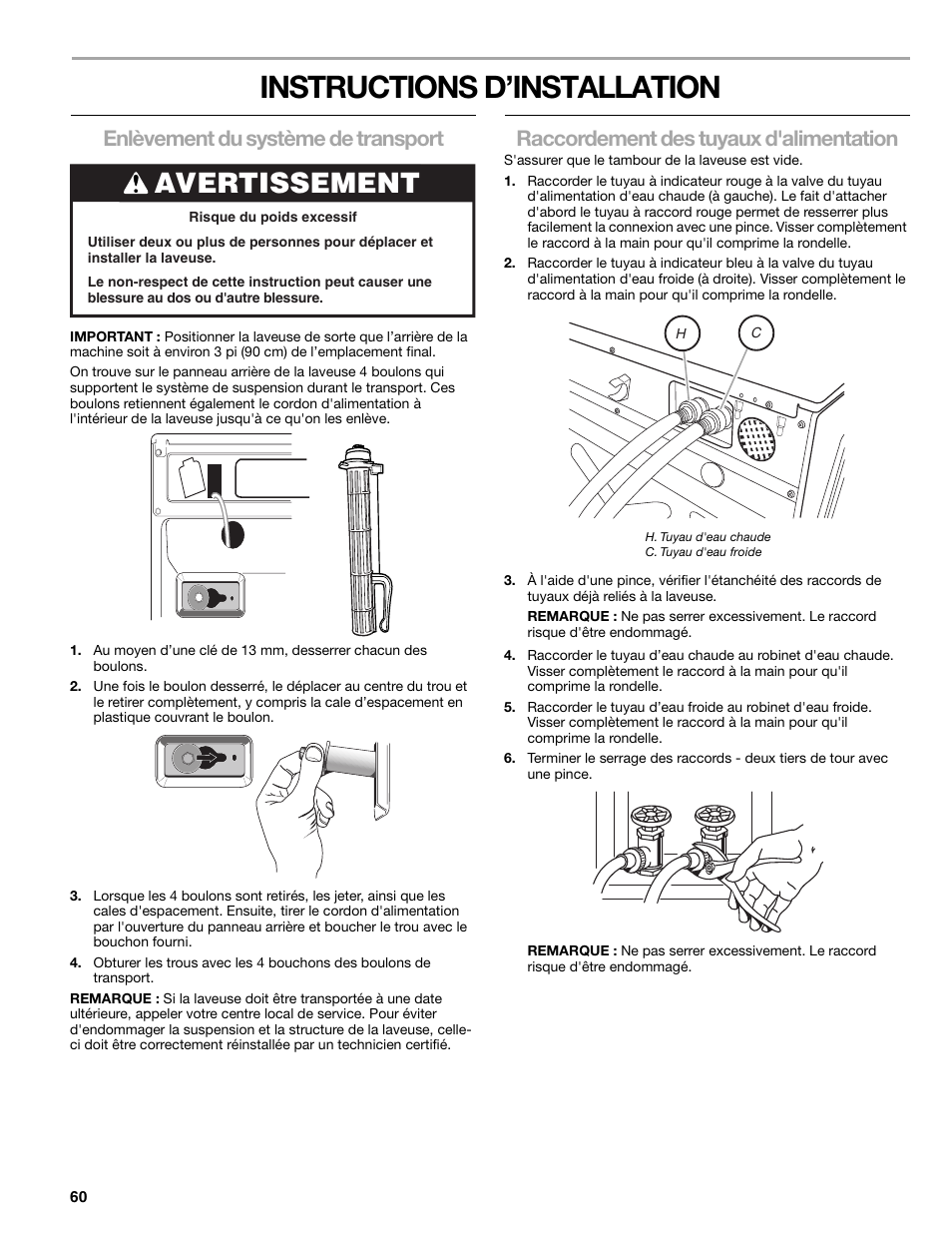 Instructions d’installation, Avertissement, Enlèvement du système de transport | Raccordement des tuyaux d'alimentation | Sears 110.4778* User Manual | Page 60 / 80