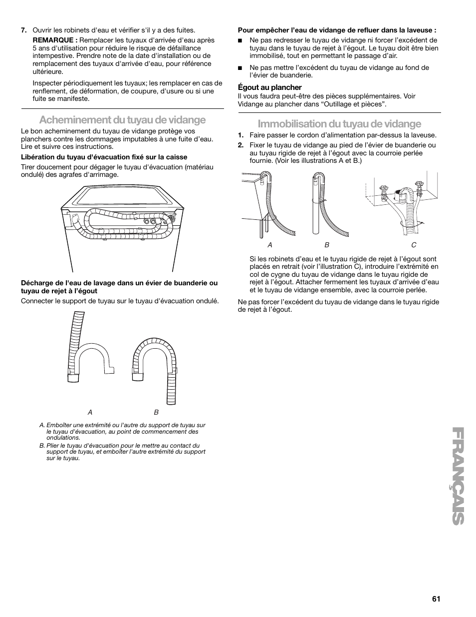 Acheminement du tuyau de vidange, Immobilisation du tuyau de vidange | Sears 110.4778* User Manual | Page 61 / 80