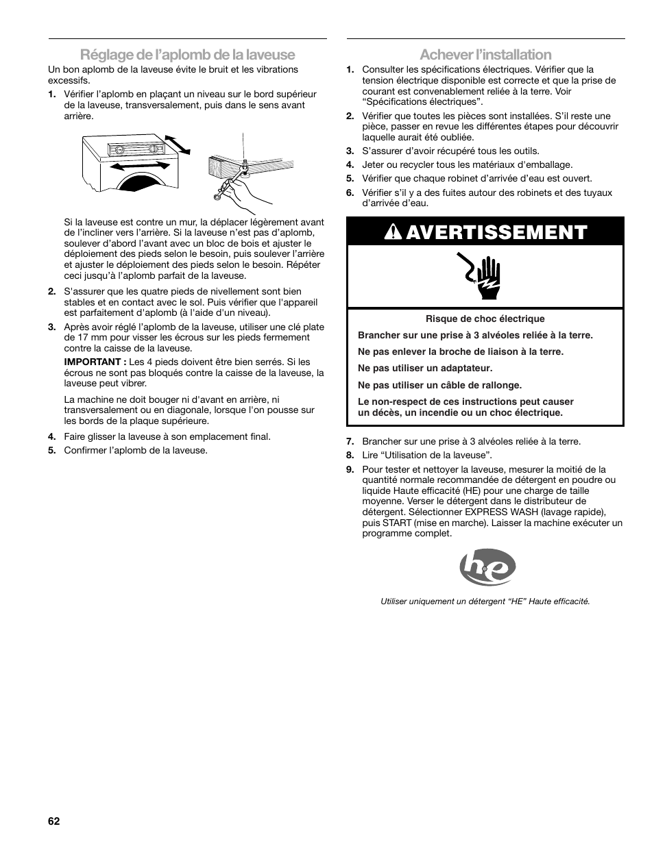 Avertissement, Réglage de l’aplomb de la laveuse, Achever l’installation | Sears 110.4778* User Manual | Page 62 / 80