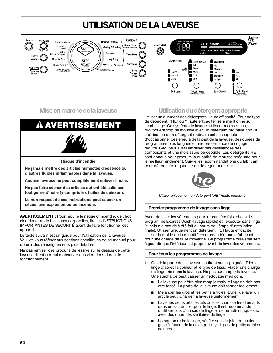 Utilisation de la laveuse, Avertissement, Mise en marche de la laveuse | Utilisation du détergent approprié | Sears 110.4778* User Manual | Page 64 / 80