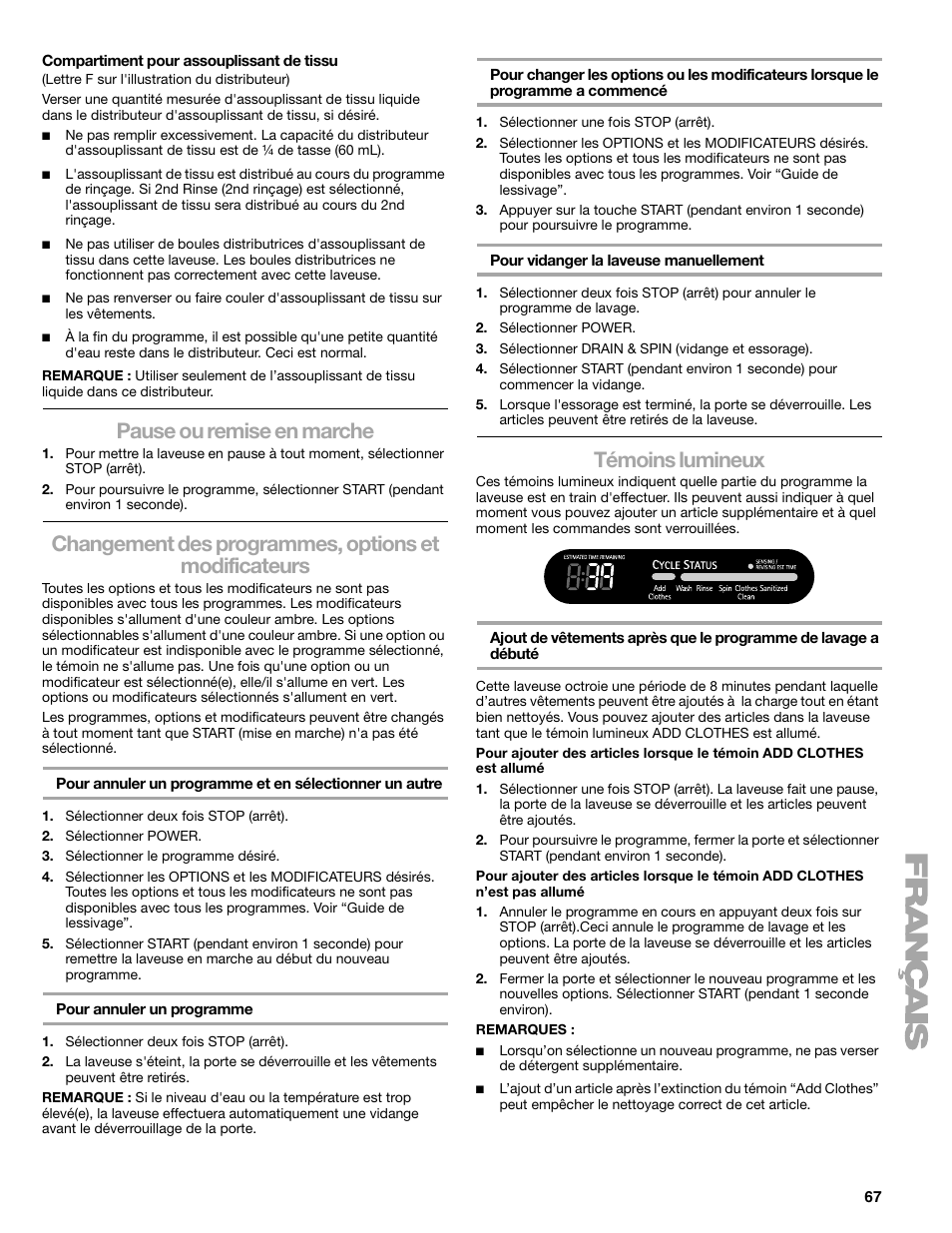 Pause ou remise en marche, Témoins lumineux | Sears 110.4778* User Manual | Page 67 / 80