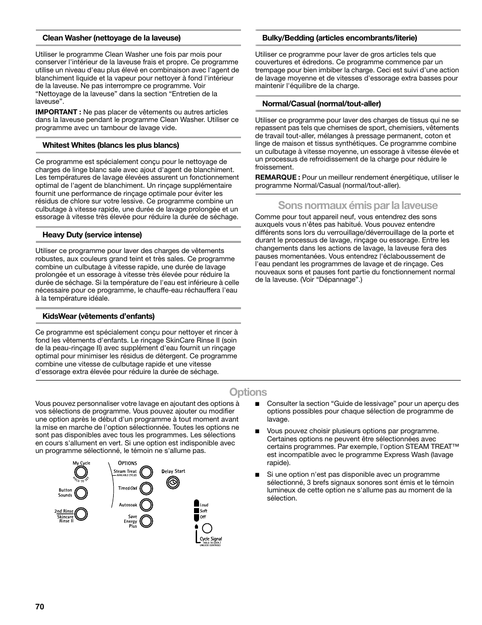 Sons normaux émis par la laveuse, Options | Sears 110.4778* User Manual | Page 70 / 80