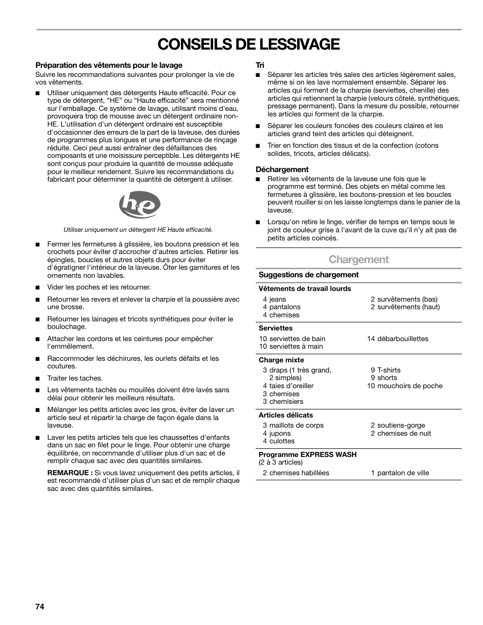 Conseils de lessivage, Chargement | Sears 110.4778* User Manual | Page 74 / 80