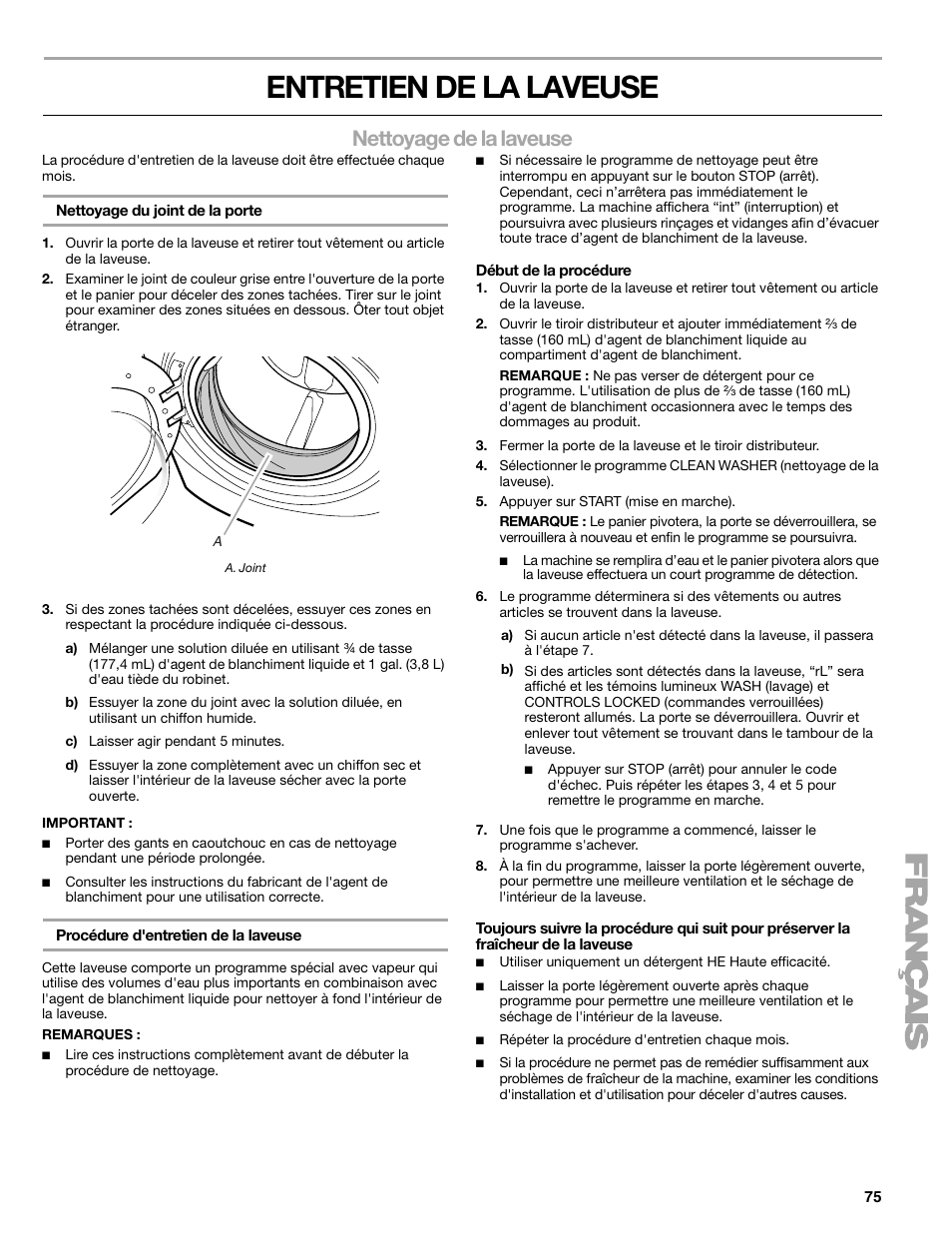 Entretien de la laveuse, Nettoyage de la laveuse | Sears 110.4778* User Manual | Page 75 / 80