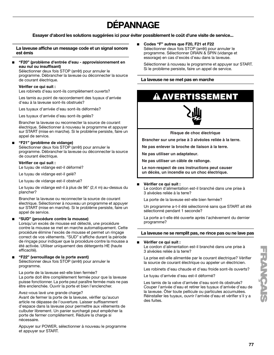 Dépannage, Avertissement | Sears 110.4778* User Manual | Page 77 / 80