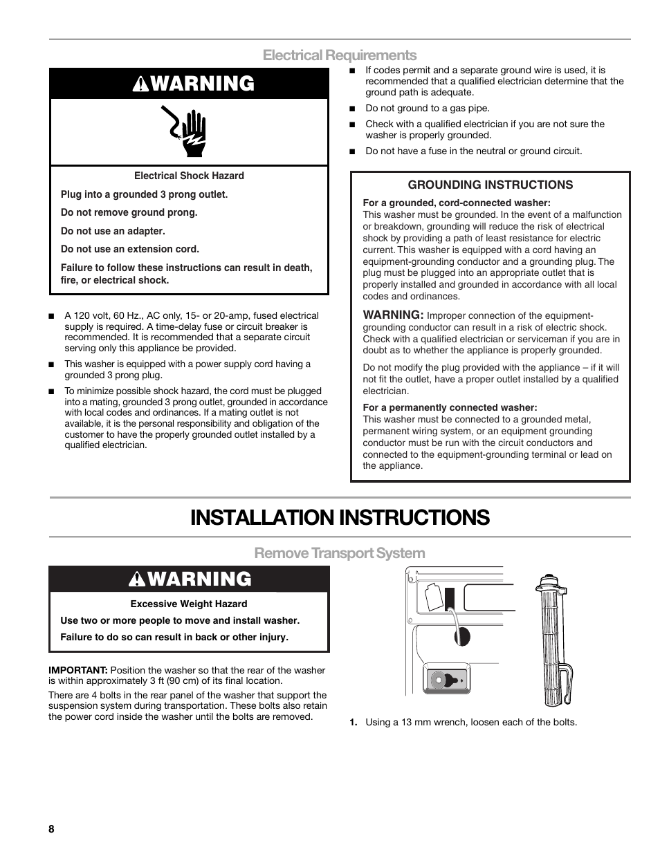 Installation instructions, Warning, Electrical requirements | Remove transport system | Sears 110.4778* User Manual | Page 8 / 80