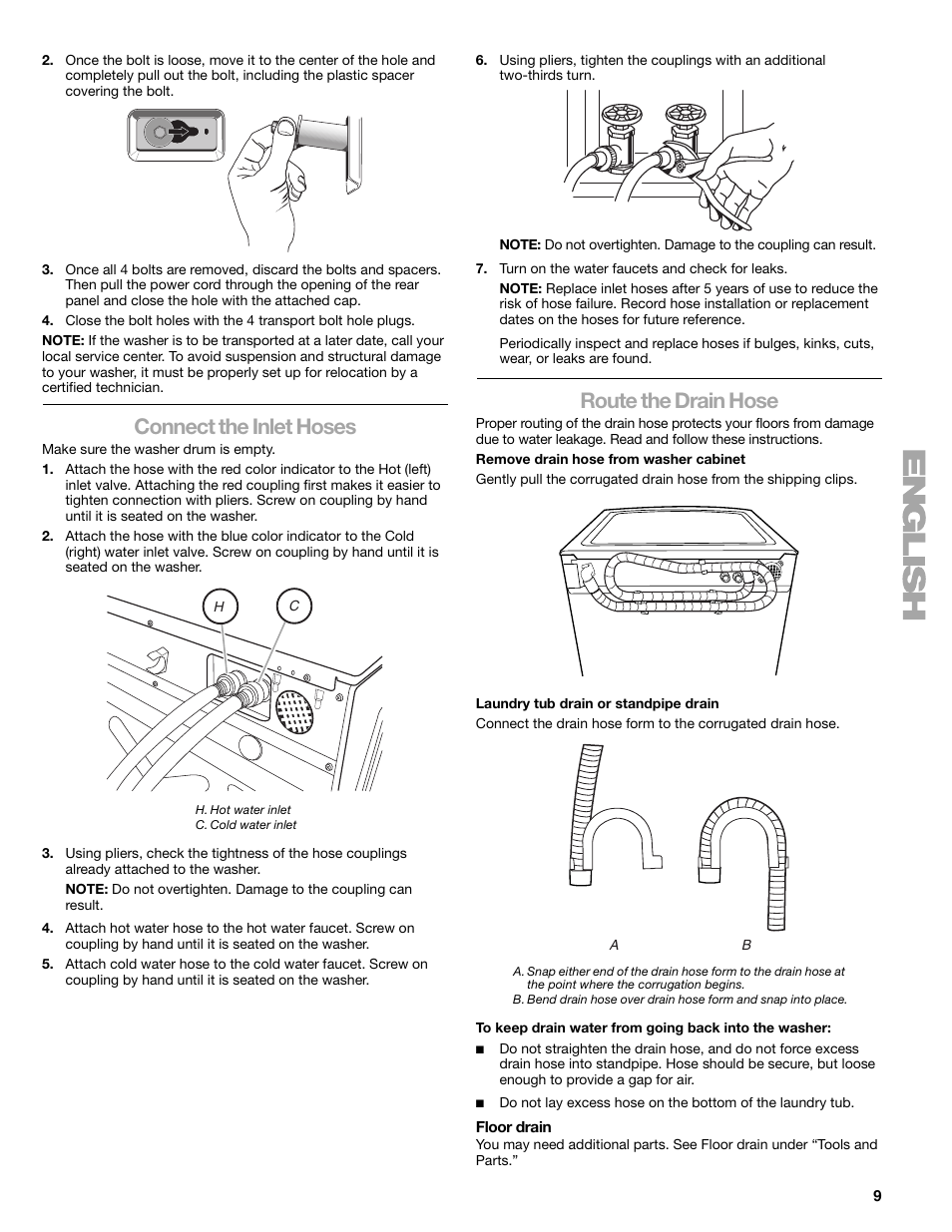 Connect the inlet hoses, Route the drain hose | Sears 110.4778* User Manual | Page 9 / 80