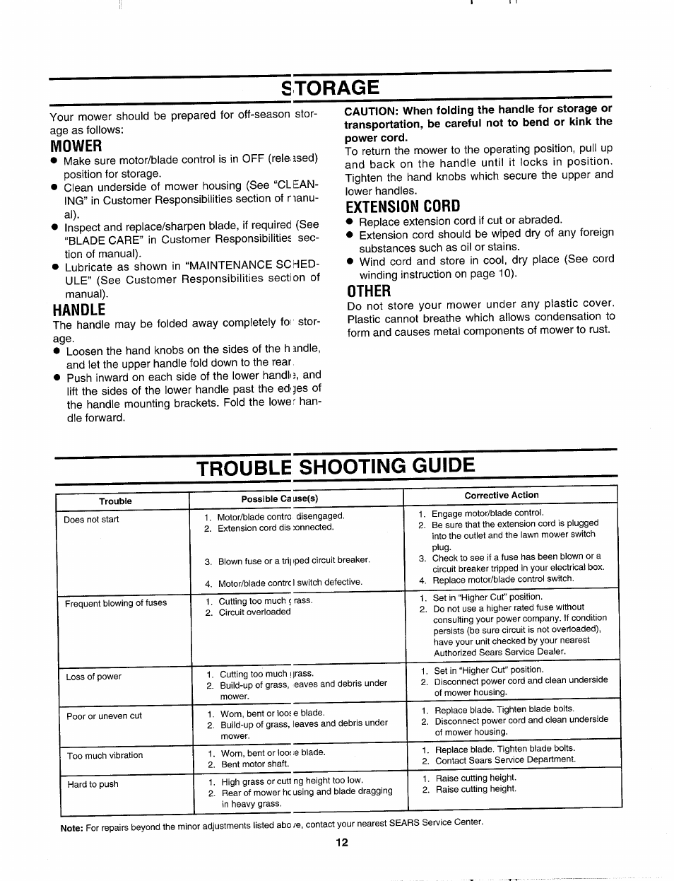 Storage, Mower, Handle | Extension cord, Other, Trouble shooting guide | Sears 247.37028 User Manual | Page 12 / 16