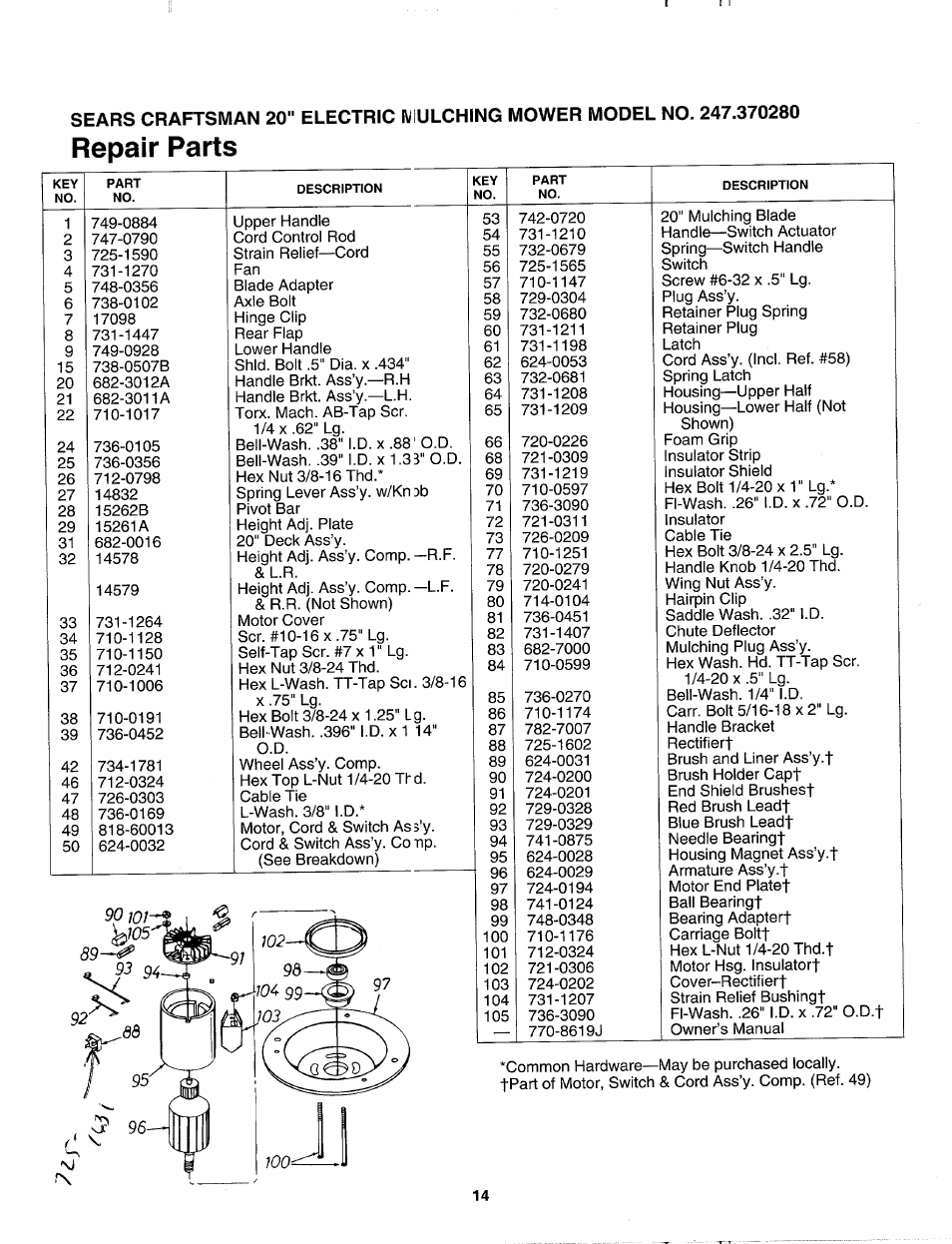 Repair parts | Sears 247.37028 User Manual | Page 14 / 16