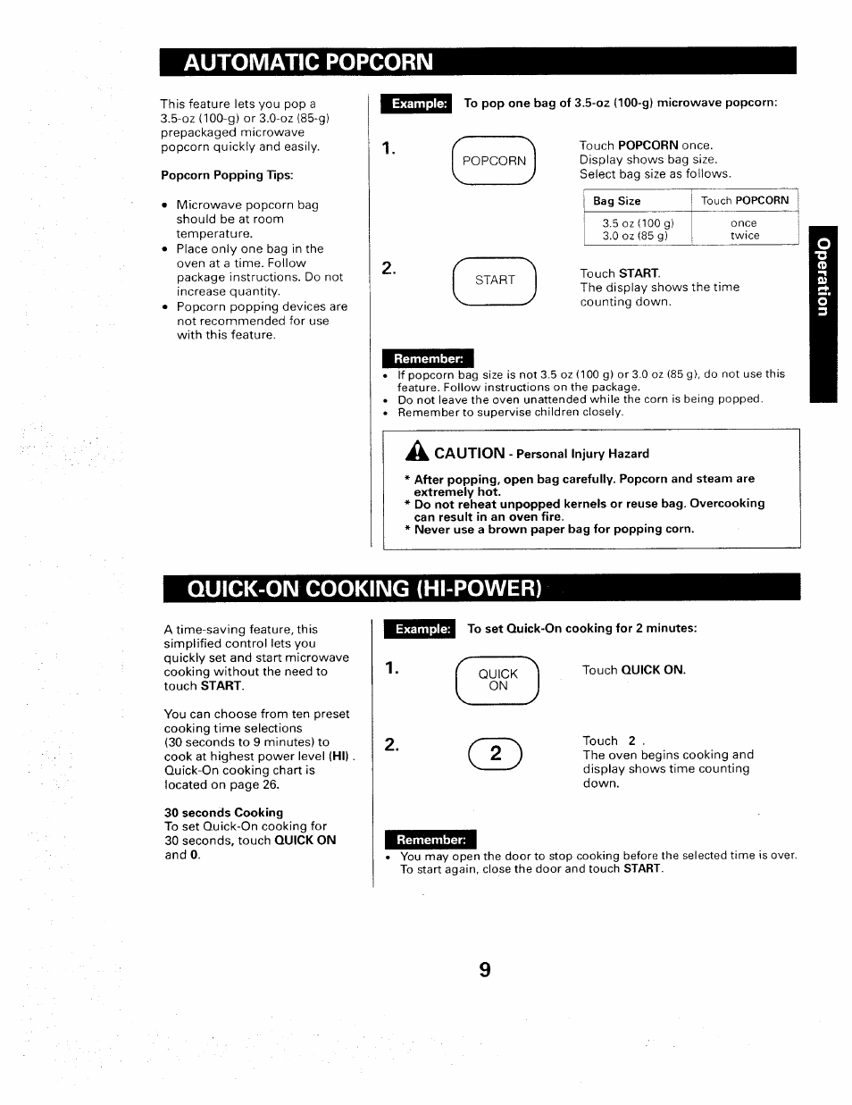 Automatic popcorn, Quick-on cooking (hi-power) | Sears 565. 66480 User Manual | Page 11 / 44