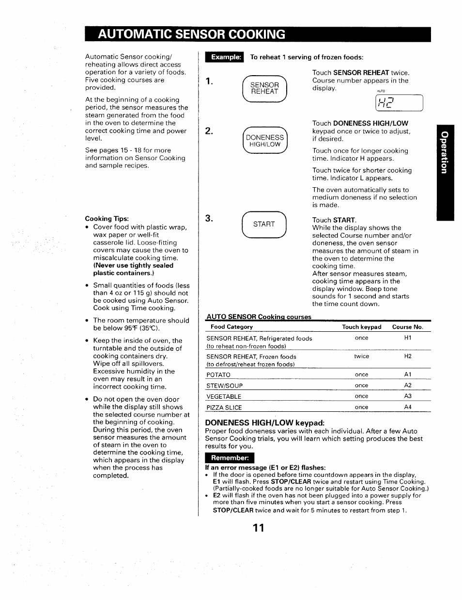 Automatic sensor cooking, Automatic senosr cooking | Sears 565. 66480 User Manual | Page 13 / 44