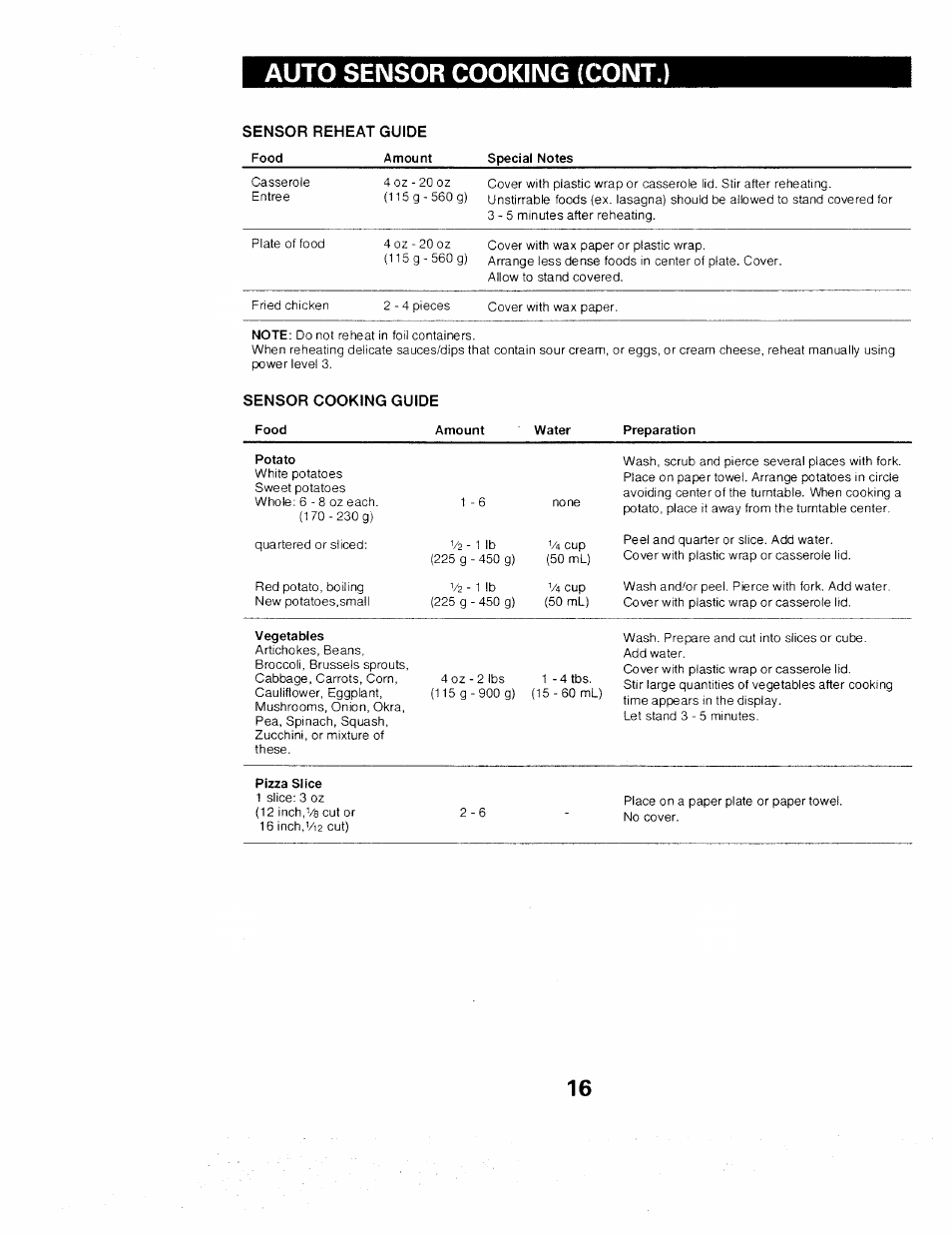 Auto sensor cooking (cont.) | Sears 565. 66480 User Manual | Page 18 / 44