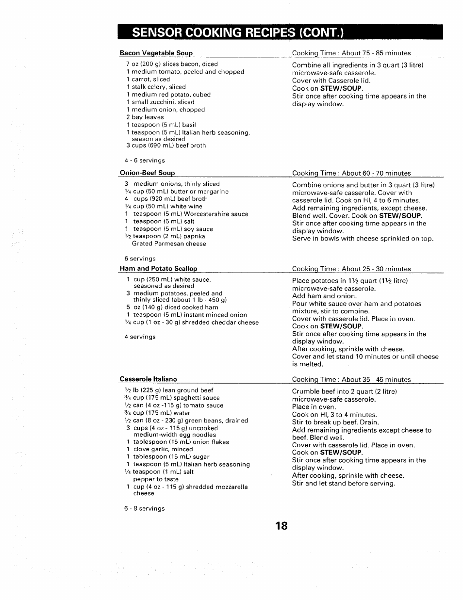 Sensor cooking recipes (cont.) | Sears 565. 66480 User Manual | Page 20 / 44