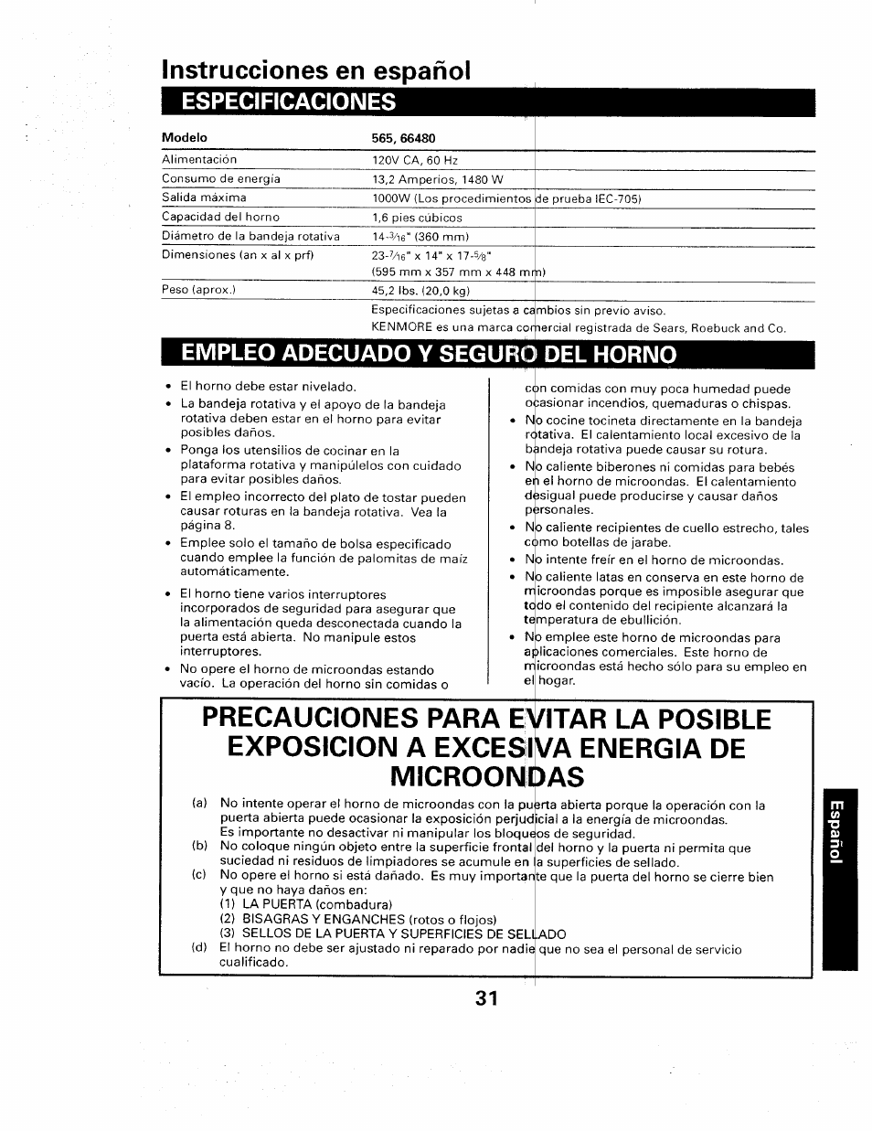 Instrucciones en español, Especificaciones, Empleo adecuado y seguro del horno | Itar la posible va energia de microondas, Specifications | Sears 565. 66480 User Manual | Page 33 / 44