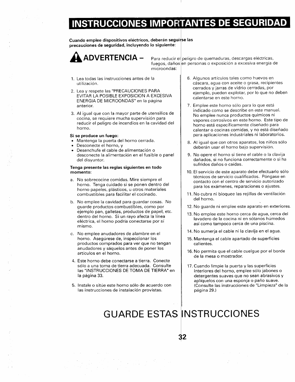 Instrucciones importantes de seguridad, A advertencia, Guarde estas | Instrucciones, Advertencia, Si se produce un fuego | Sears 565. 66480 User Manual | Page 34 / 44
