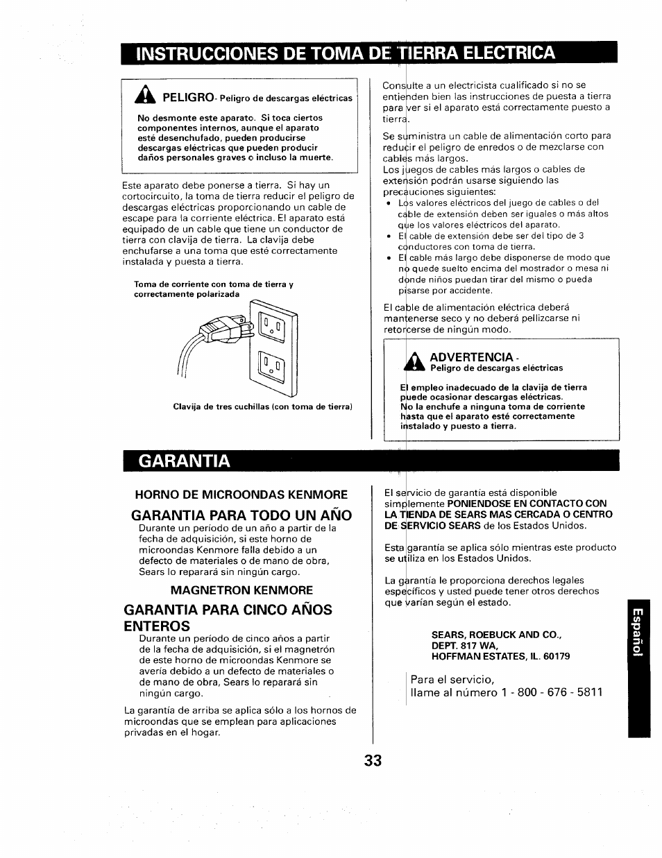 Instrucciones de toma de tierra electrica, Garantia, Garantie | Sears 565. 66480 User Manual | Page 35 / 44