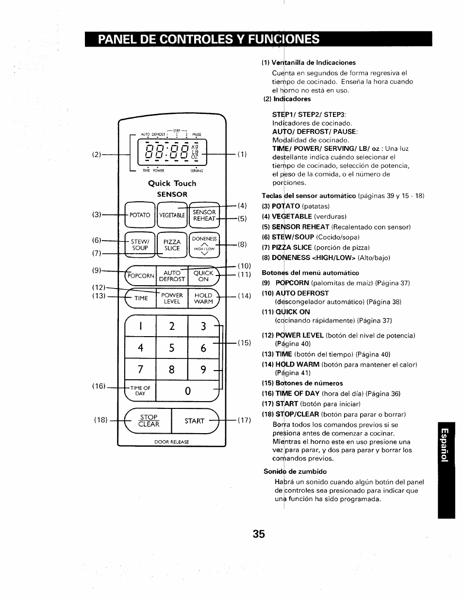 Panel de controles y funciones, 1) ventanilla de indicaciones, 2) indicadores stép1/ step2/ step3 | Auto/ defrost/ pause, Time/ power/ serving/ lb/ oz, Teclas, 4) veci (5) sem: (6) ste, Del sensor automático, Íetable, Isor reheat | Sears 565. 66480 User Manual | Page 37 / 44