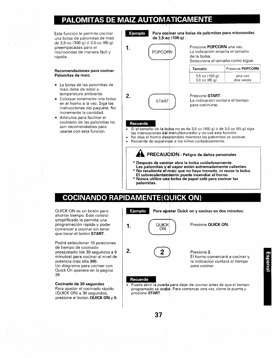 Palomitas de maiz automaticamente, Cocinando rapidamente! quick on), Recomendaciones para cocinar palomitas de maíz | Recuerde, Popcorn, Start, Cocinado de 30 segundos, Quick on. recuerde | Sears 565. 66480 User Manual | Page 39 / 44