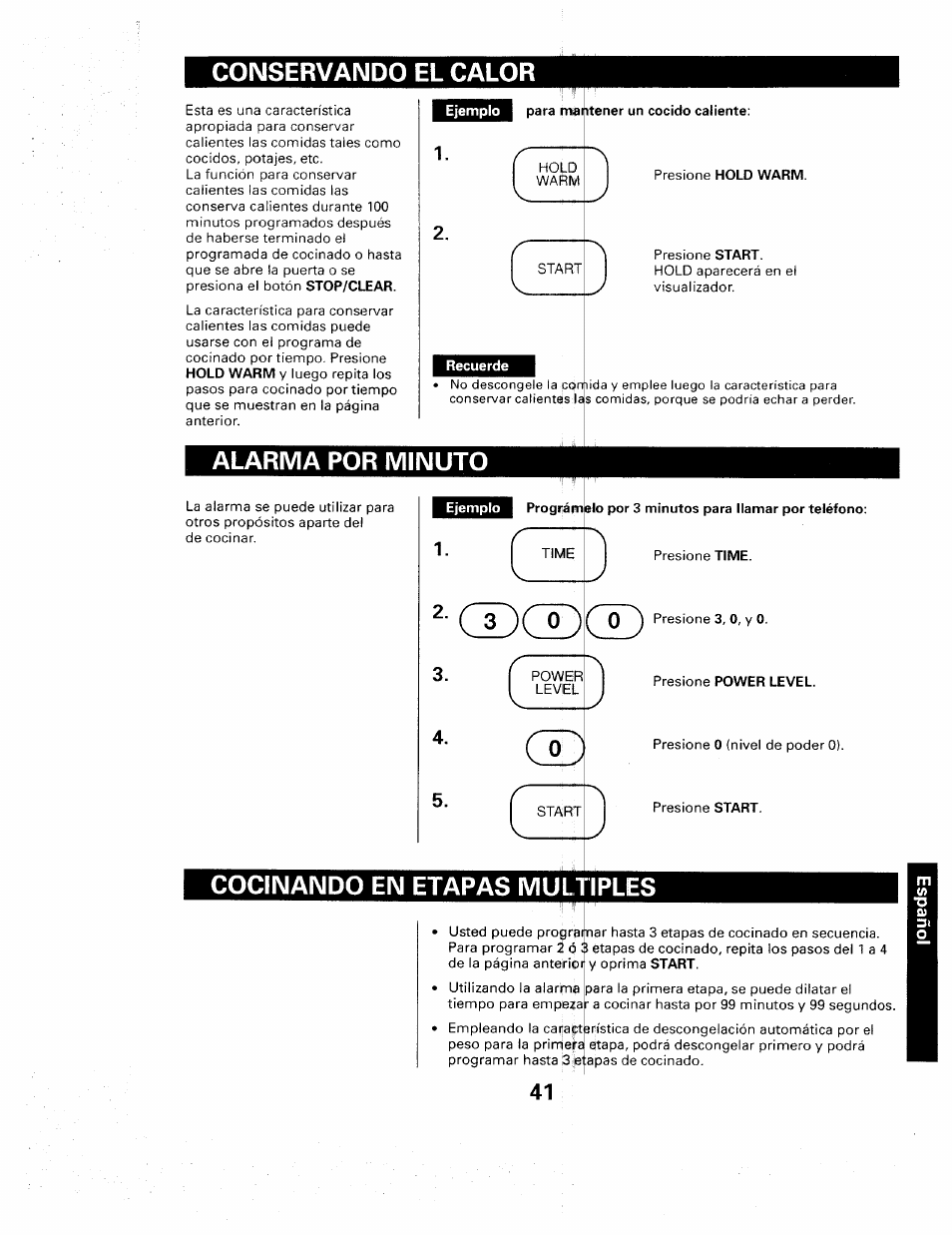 Conservando el calor, Alarma por minuto, Cocinando en etapas multiples | Sears 565. 66480 User Manual | Page 43 / 44