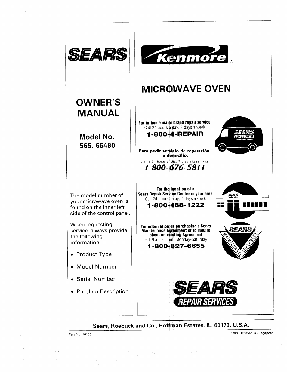 Owner's, Manual, Repair services | Owner's manual, Microwave, Oven | Sears 565. 66480 User Manual | Page 44 / 44