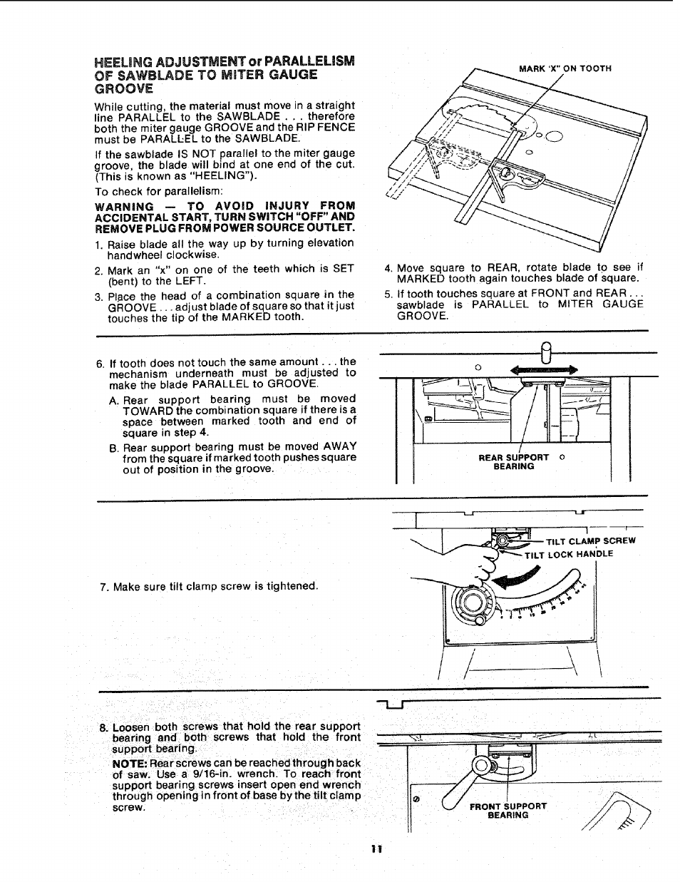 Heelimg adjustment or parallelism of | Sears 113.241591 User Manual | Page 11 / 52