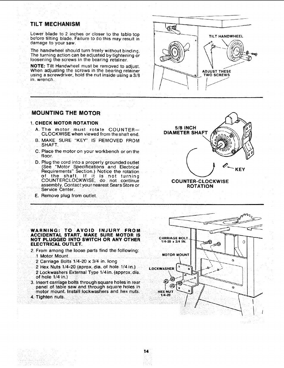 Tilt mechaihsfi, Fwiounting the motor, Mounting the motor | Fwiounting | Sears 113.241591 User Manual | Page 14 / 52