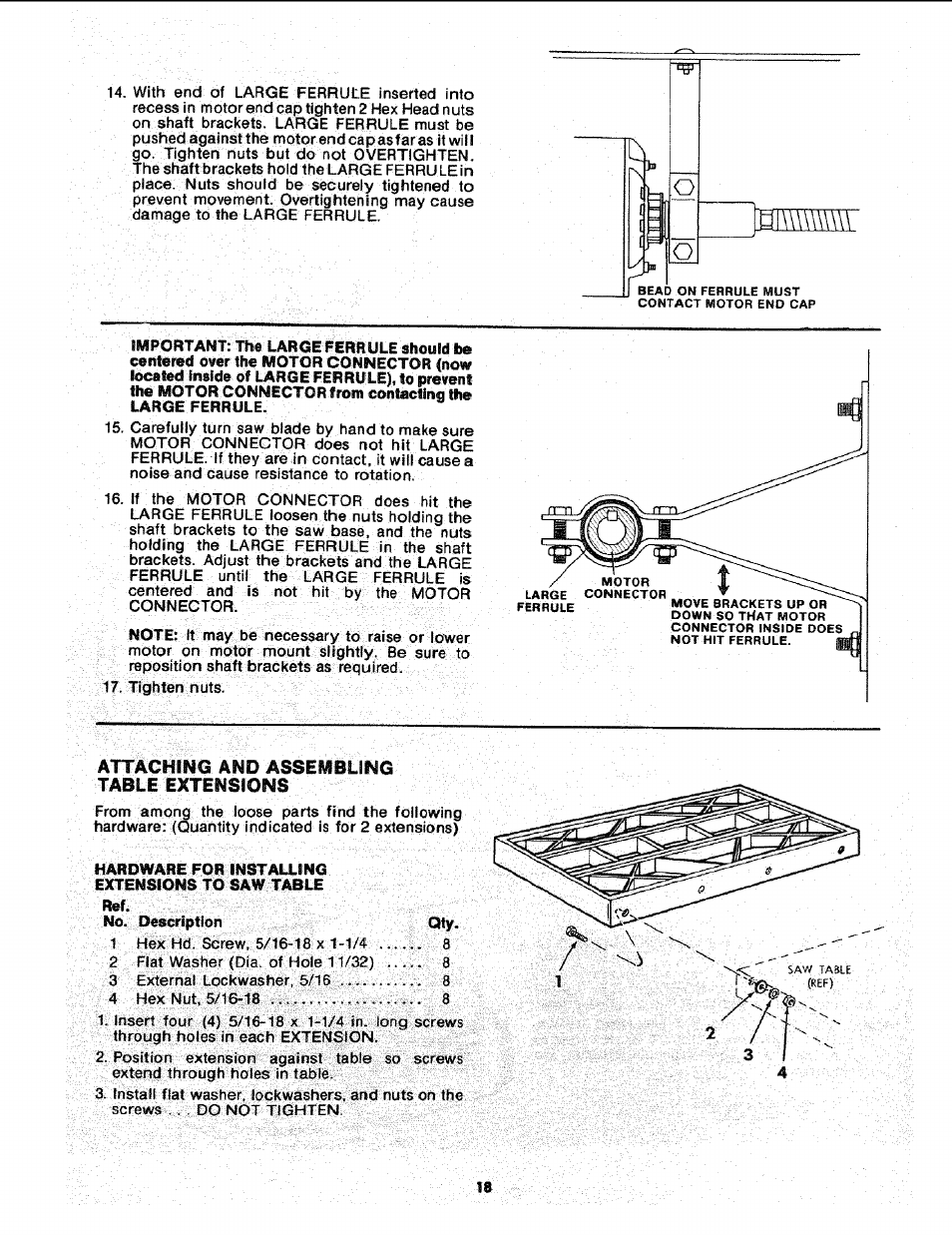 Attaching and assembling table extensions | Sears 113.241591 User Manual | Page 18 / 52