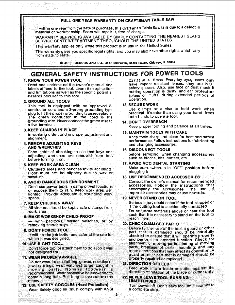 General safety instructions for power tools | Sears 113.241591 User Manual | Page 2 / 52