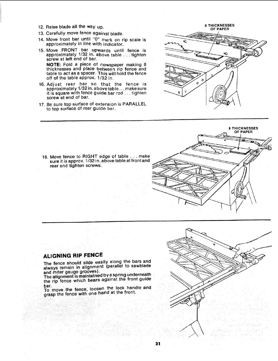 Aligning, Fence | Sears 113.241591 User Manual | Page 21 / 52