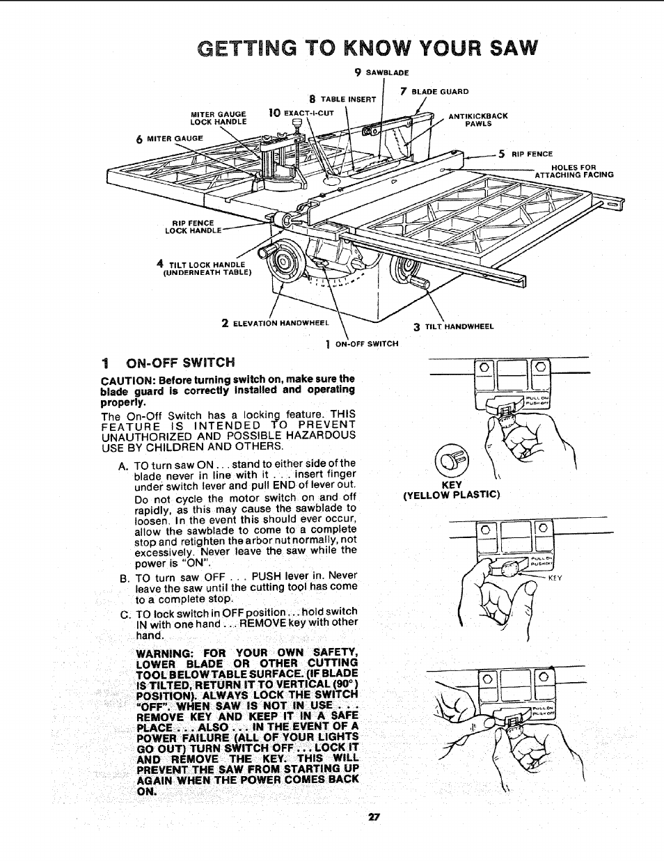 Getting to know your saw, 1 on-off switch | Sears 113.241591 User Manual | Page 27 / 52