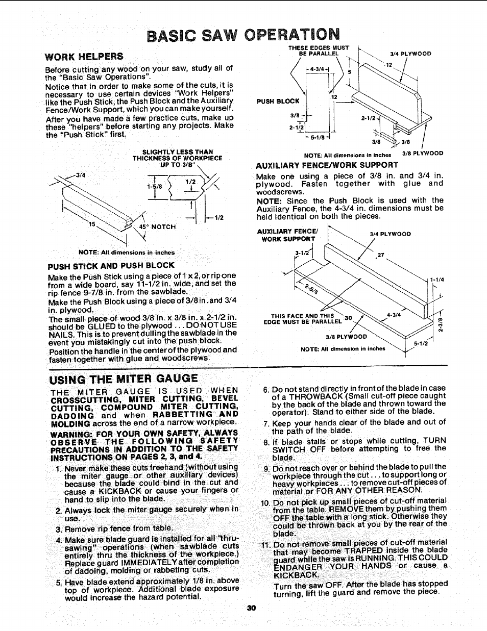 Asic saw operation, Work helpers, Using the | Miter gauge | Sears 113.241591 User Manual | Page 30 / 52