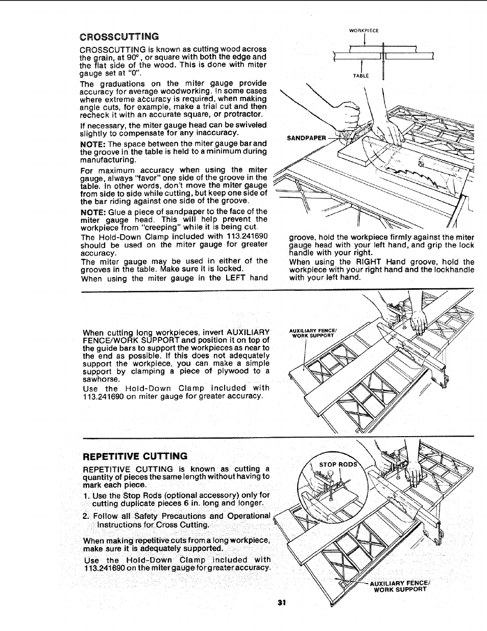 Crosscutting, Repetitive cutting | Sears 113.241591 User Manual | Page 31 / 52